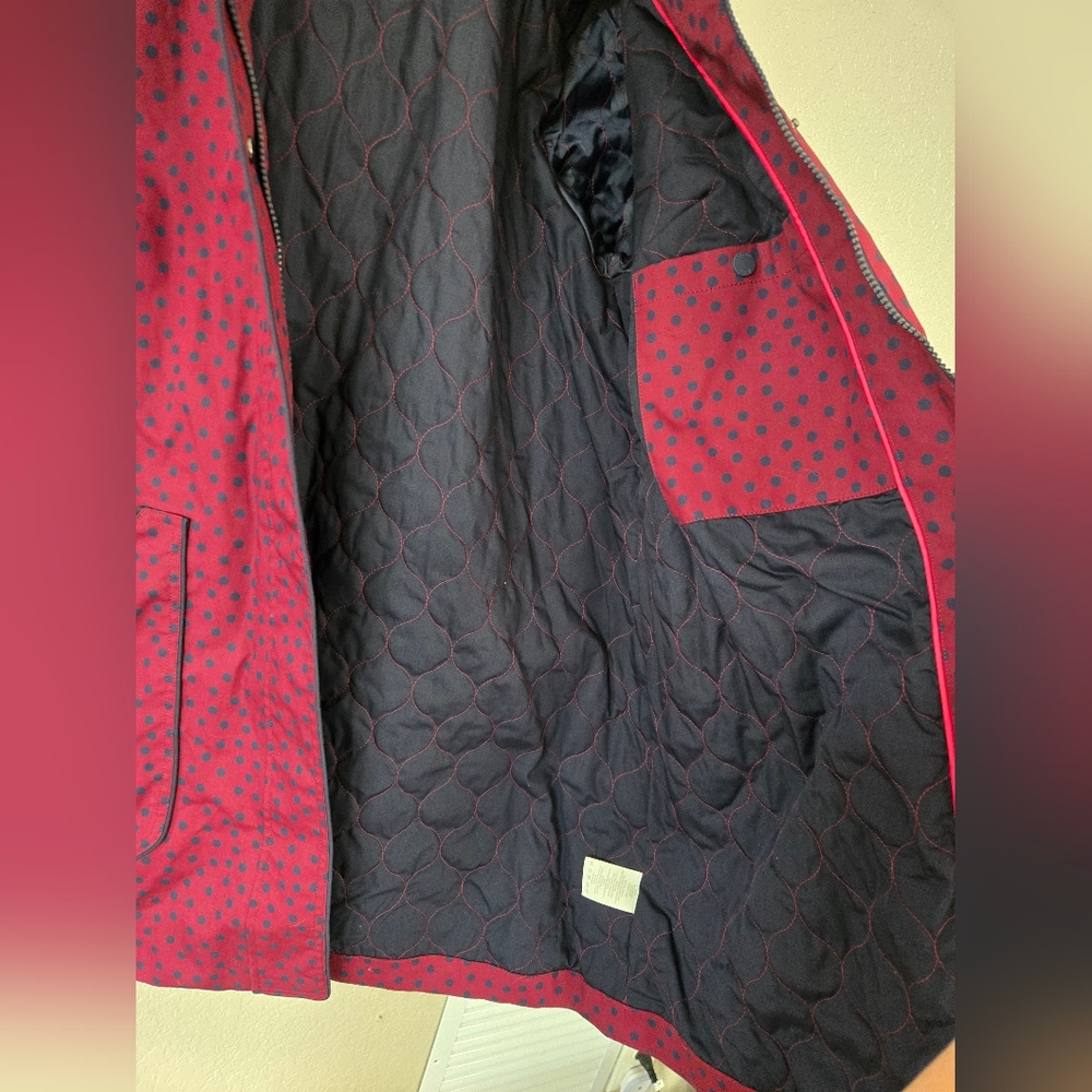 Boden Polka Dot Long Coat Rain Winter Womens 14R Plum Purple Blue Collar Zip - Picture 6 of 9